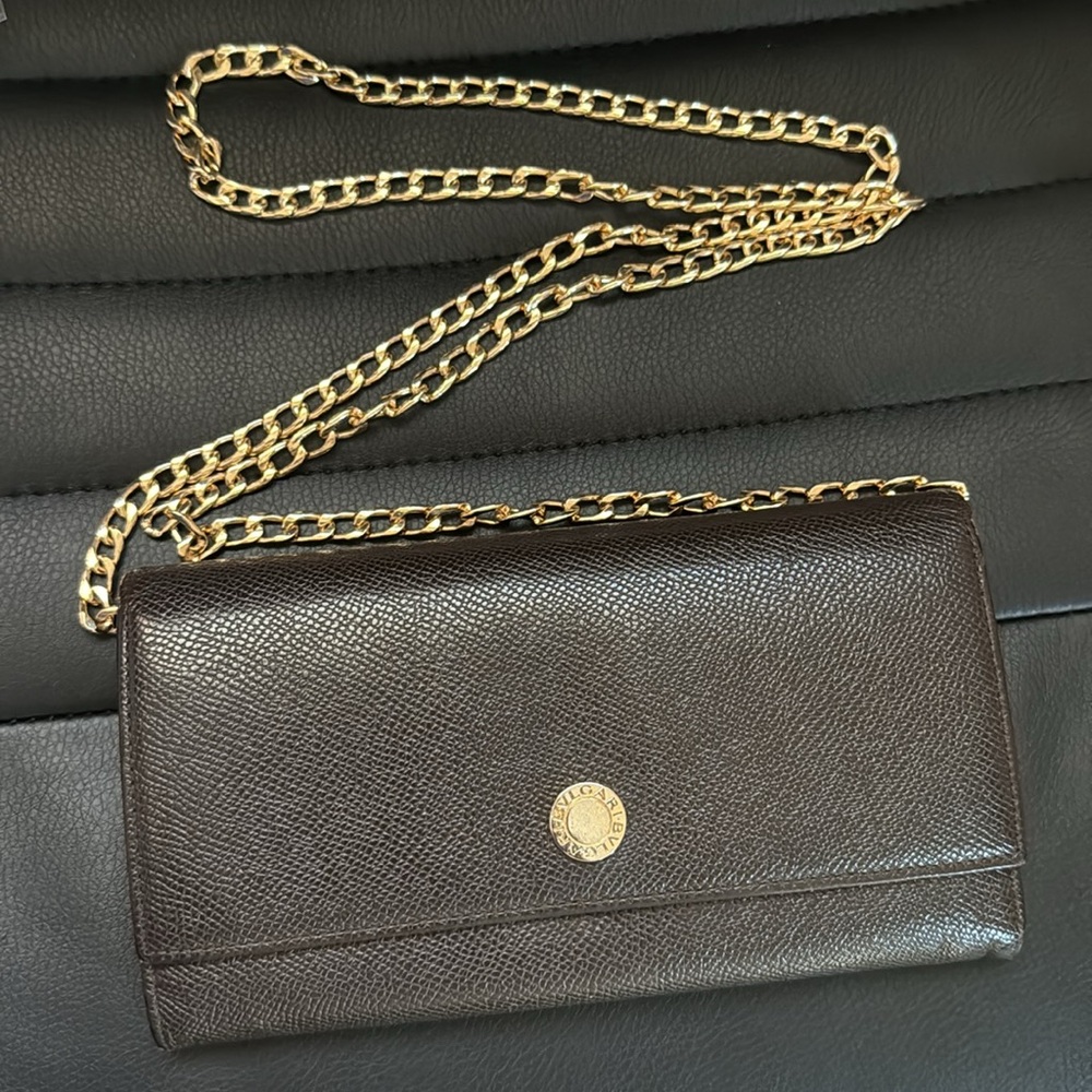 BVLGARI Authentic Brown Leather Wallet w/ Free Unbranded Chain for Crossbody